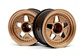 Two bronze-coloured HPI Fifteen52 Tarmac R43 RC car rims positioned side-by-side against a white background.