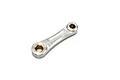 A silver-coloured metal connecting rod for an RC engine, featuring two circular ends with brass bushings, isolated on a white background.