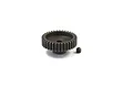 A dark grey steel pinion gear with a small grub screw placed next to it on a white background.