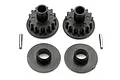 Two black plastic 15T pulleys, two black plastic washers, and two small metal pins for HPI Sprint 2 RC cars.