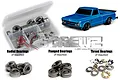 A product image showing a plastic storage box filled with metal ball bearings, a blue RC Drag Slash truck, and examples of radial, flanged, and thrust bearings.