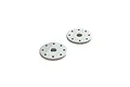 Two white circular RC shock pistons with eight small holes and a central mounting hole, isolated on a white background.