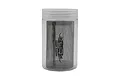 A clear plastic cylindrical container holding a cylindrical metal mesh filter with the Yeah Racing logo printed on it.