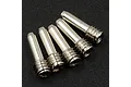 Five silver steel screw shafts with threaded heads and smooth shanks arranged diagonally on a dark textured surface.