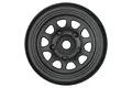 A front-facing view of a black Pro-Line 1.55 inch Keystone beadlock rim for RC crawler vehicles, featuring a classic multi-hole steel wheel design.