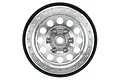 A silver aluminium 1.9-inch beadlock wheel rim for RC crawler vehicles, featuring a multi-hole design and hex hardware.