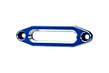 A blue anodized aluminium winch fairlead for RC vehicles, featuring a central slot and two mounting holes on a white background.