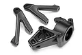 Black plastic steering hub and two suspension arms for HPI Baja RC cars.