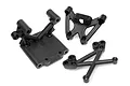 HPI Racing front bulkhead set for Baja 5B, 5SC, and 5T RC vehicles, featuring three black molded plastic chassis components on a white background.