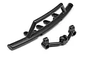 A black plastic bumper guard set for an HPI 5T RC vehicle, featuring a long main bumper and a smaller mounting bracket component.
