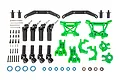 Traxxas Green Extreme Heavy Duty Upgrade Kit components including green suspension arms, black drive shafts, screws, bearings, and wheel hexes.