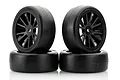 Four Solaris 1/10 scale premounted touring car rubber tyres with black multi-spoke rims stacked in two pairs against a white background.