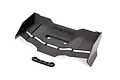 A black Traxxas RC car rear wing and a small mounting bracket on a white background.