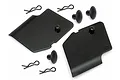 HPI Baja 5B guard deflector set including two black plastic deflectors, three body clips, and three plastic mounting pins on a white background.