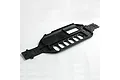 A black plastic RC car main chassis plate with various mounting holes and cutouts, shown from a high angle against a white background.
