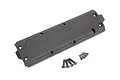 A black Traxxas Maxx centre skid plate for an extended chassis, shown with a set of mounting screws on a white background.