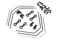 Traxxas front and rear sway bar kit including metal sway bars, plastic links, ball ends, and various mounting screws on a white background.