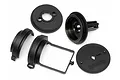 HPI Racing air filter mount set components including black plastic housing parts and a circular cap with HPI Racing logo.