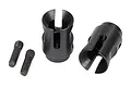 Two black steel inner drive cups and two small threaded pins for Traxxas RC vehicles.