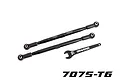 Two black anodized aluminium Traxxas toe links with pre-installed rod ends and a matching 10mm Traxxas adjustment wrench on a white background.