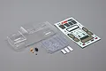 Unpainted clear polycarbonate Jeep JT Gladiator body shell for Axial SCX24 with included decal sheet, interior tray, and small mounting hardware.