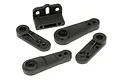 A set of black plastic servo horns and a mounting bracket from HPI Racing for RC vehicles.
