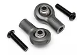 Two black plastic rod ends with metal pivot balls and two black machine screws for HPI Baja RC vehicles.