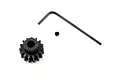 A black steel 15-tooth pinion gear with a matching grub screw and an L-shaped hex key on a white background.