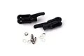 Two black plastic main rotor blade grips for a Blade 300x RC helicopter, accompanied by two metal ball studs and several small metal washers.