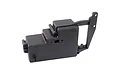 A black plastic battery and receiver housing case for an RC car, featuring an integrated on/off switch slot and mounting points.