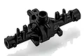 A black plastic HSP front or rear gear box housing for an RC car, shown from a high-angle perspective against a white background.