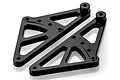 Two black anodized aluminium wheelie bar mounts for HSP RC cars, featuring triangular cutouts and multiple mounting holes.
