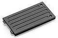 A black anodized aluminium centre chassis skid plate for an RC car, featuring recessed grooves and two countersunk mounting holes.