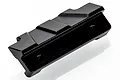 A black anodized aluminium front bumper mount for an RC car, featuring a machined design with two threaded screw holes.