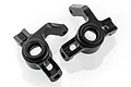 Two black anodized aluminium RC steering hubs for HSP vehicles, shown from an angled perspective against a white background.