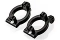 Two black metal RC steering hub carriers (C-hubs) shown from an elevated angle on a white background.