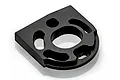 A black anodized aluminium motor mount for an RC car, featuring a central circular opening and curved mounting slots.