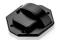 A black aluminium gear cover for an RC car, featuring a raised central housing and mounting holes on a flat octagonal base.