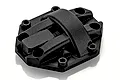 A black plastic HSP gear cover spare part for an RC vehicle, shown from a high-angle studio perspective.