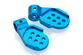Two blue anodized aluminium RC car front body post mounts with multiple adjustment holes, shown on a white background.