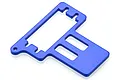 A blue anodized aluminium servo mount for an RC car, viewed from an angle against a white background.