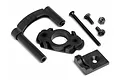 HPI E10 motor mount set including black plastic mounts and various metal screws and a nut on a white background.