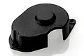 A black plastic gear cover for an RC car, featuring a textured finish and two mounting holes, isolated on a white background.