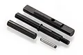 A set of four black metal RC gear shafts and pins on a white background.