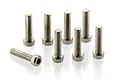 A set of eight silver-coloured metal cap head screws with hexagonal sockets, arranged on a white background.