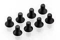 A set of eight black metal countersunk screws arranged in a grid on a white background.