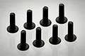 Eight black button head screws arranged in two rows on a light grey background.