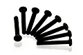 A set of eight black button head screws arranged in a fan shape against a white background.