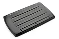 A glossy black RC car roof cover with molded ridges and mounting holes, viewed from a high angle against a white background.