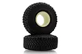 Two black RC rock crawler tyres with aggressive tread patterns and internal foam inserts, stacked vertically against a white background.